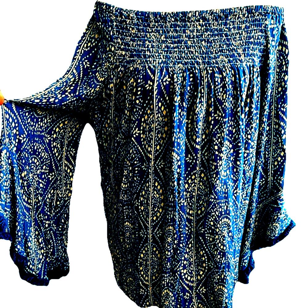 Boho smocked tunic fairycore cottage coquette Fringe Festival blue flowy gypsy L